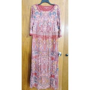Soft Surroundings MEDIUM Dress Maxi Red Floral Paisley Boho Lined Long Festival